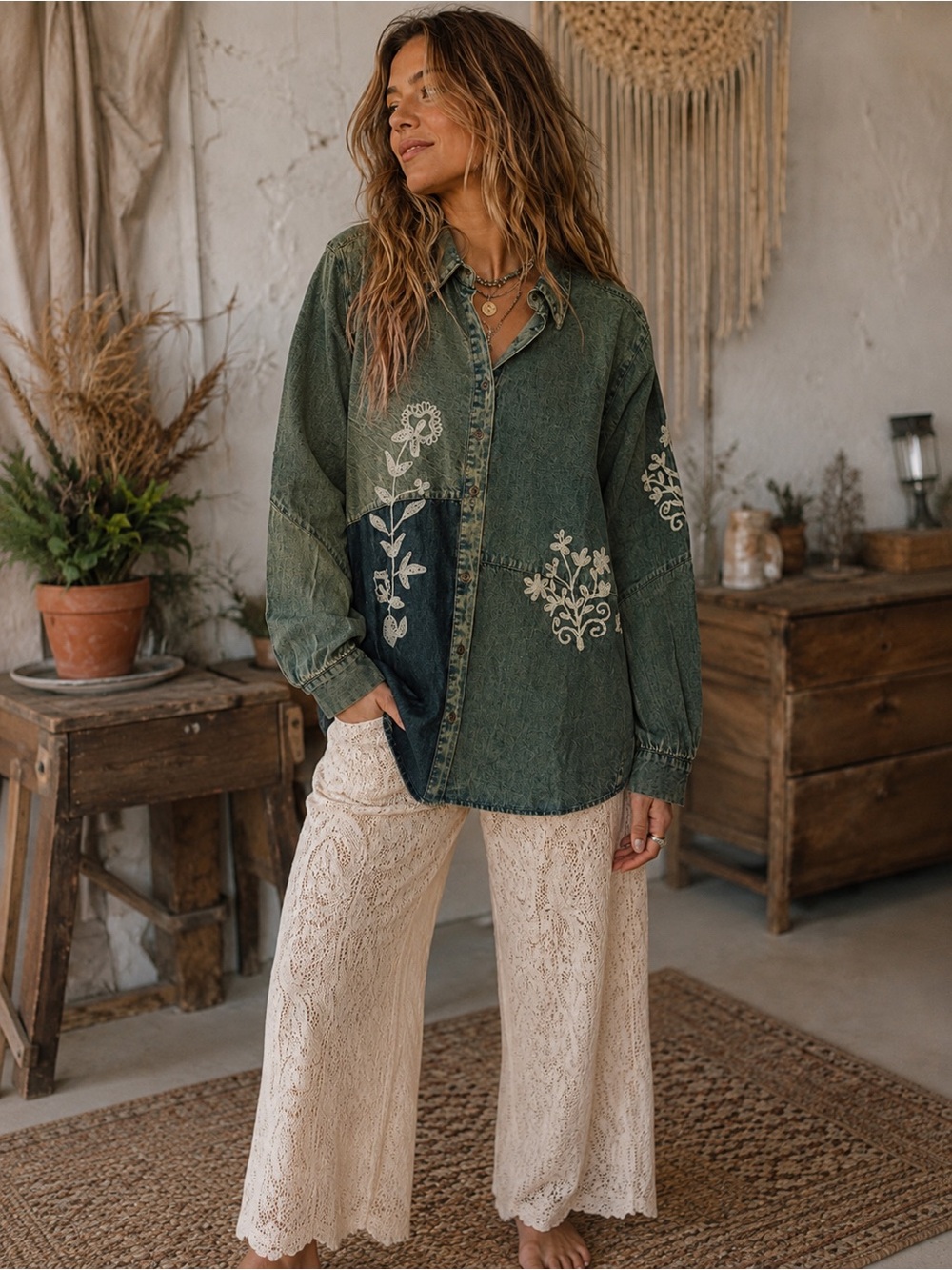Young Threads NWT Embroidered Denim Button-Up Top Medium